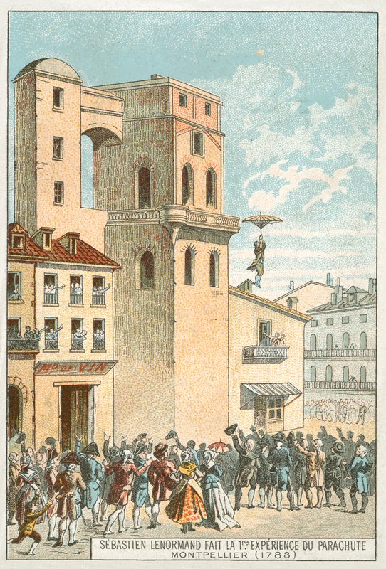 Sebastien Lenormand gjør den første fallskjermnedstigningen, Montpellier av French School