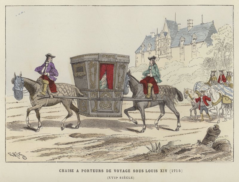 Sedan-stol båret av hester, regjering av Louis XIV av Frankrike, 1715 av French School