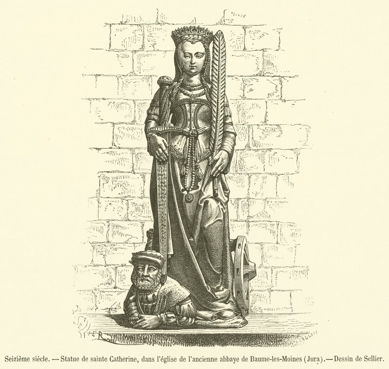 Det sekstende århundre, Statue av Saint Catherine, i kirken til det tidligere klosteret Baume-les-Moines, Jura (gravering) av French School
