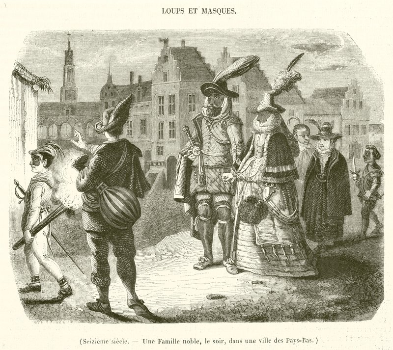 Sekstende århundre, en adelsfamilie, om kvelden, i en by i Nederland (gravering) av French School