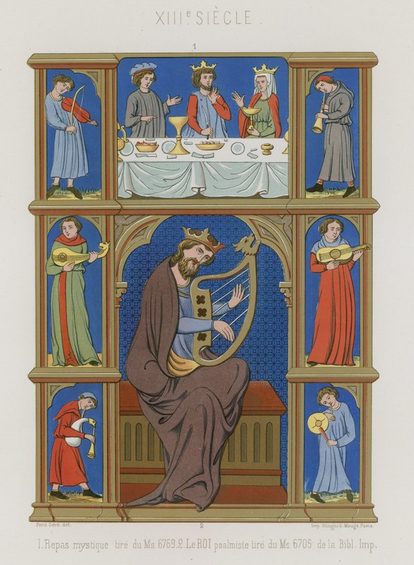 Serie med bilder fra 1200-tallet som viser en mystisk kveldsmat, musikere og en konge som spiller en lyre av French School