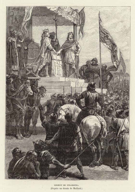 Serment de Strasbourg. Eder fra Strasbourg, alliansen mellom Ludvig den tyske og Karl den skallede, konger av Øst- og Vest-Frankrike, 842 (gravering) av French School