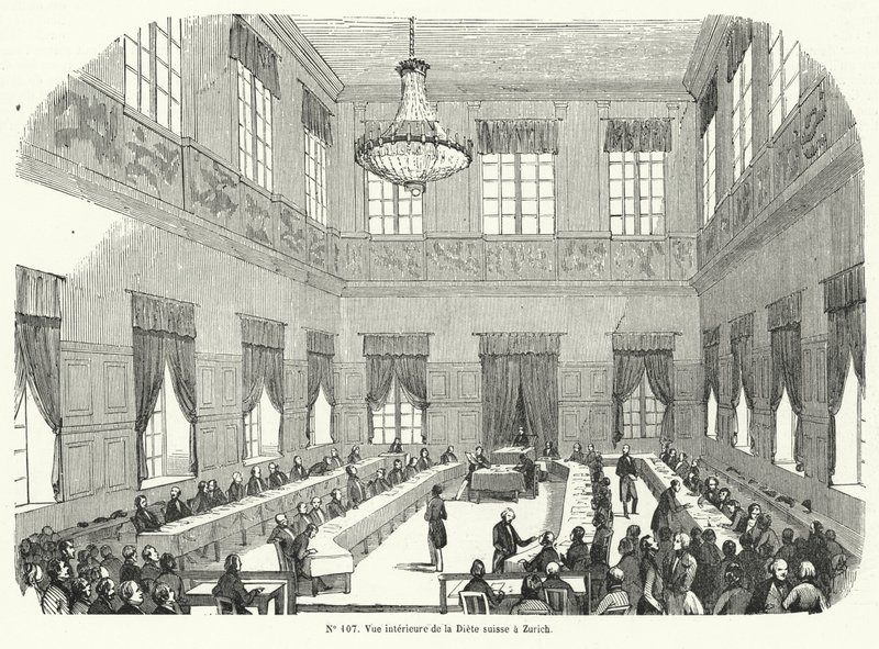 Sesjon av Tagsatzung, den sveitsiske føderale dietten, i Zürich (gravering) av French School