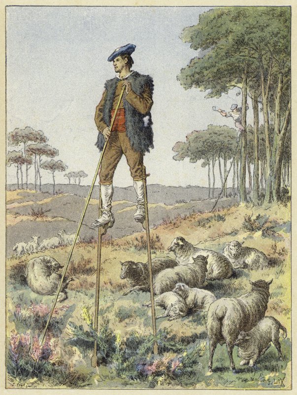 Hyrde på stylter, Landes, Frankrike av French School
