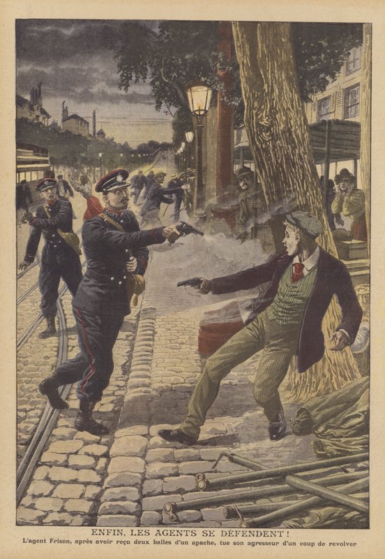 Skyting mellom politi og kriminelle på en gate i Paris (farge litho) av French School