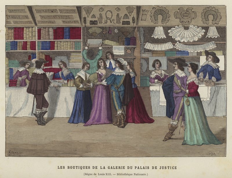 Butikker i Galerie du Palais de Justice, Paris, Ludvig XIIIs regjeringstid, 1600-tallet av French School