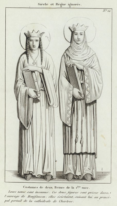 Century and Reign ignorert, Costumes of two Queens of the 1st race (gravering) av French School