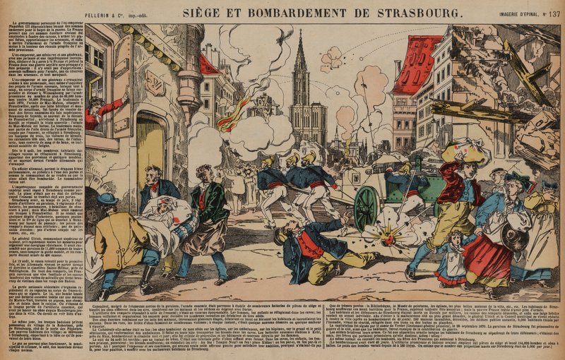 Beleiring og bombardement av Strasbourg, fransk-prøyssisk krig, august-september 1870 (farget gravering) av French School