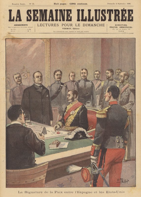 Signering av en fredsprotokoll som avslutter fiendtlighetene i den spansk-amerikanske krigen, Washington DC, 12. august 1898 av French School
