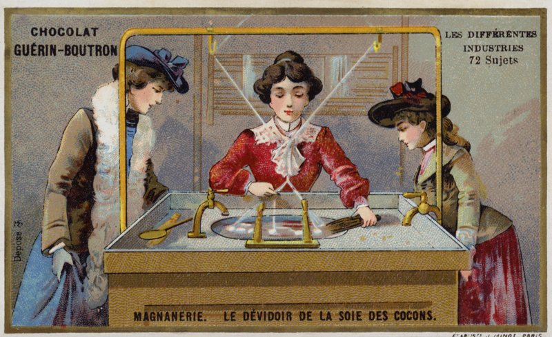 Silke produksjon. Spinning av fibrene på en snelle (chromolitho) av French School