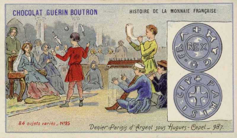 Silver denier paris av regjeringen til Hugh Capet, 987 (chromolitho) av French School