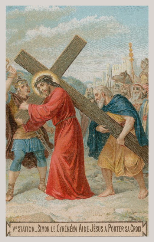 Simon av Kyrene hjelper Jesus med å bære korset. Den femte korsstasjonen av French School