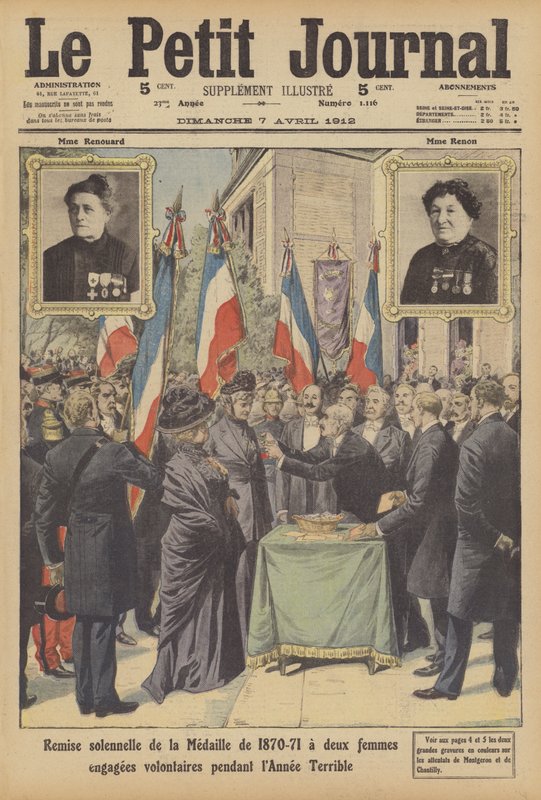 Høytidelig presentasjon av den fransk-prøyssiske krigsmedaljen til to franske kvinnelige frivillige fra Annee … (farge litho) av French School