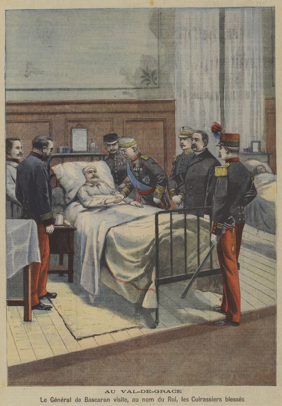 Den spanske general Jose de Bascaran besøker sårede kyrassere i navnet til kong Alfonso XIII på militærsykehuset Val-de-Grace i Paris (farge litho) av French School
