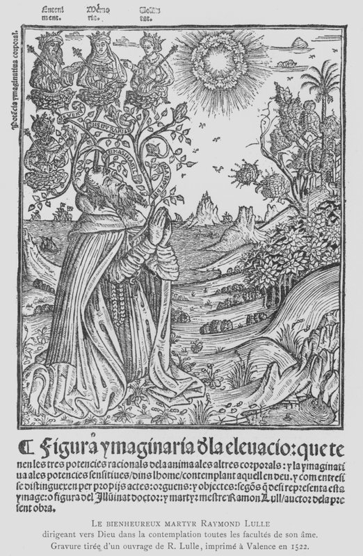 Den spanske filosofen og fransiskanske tertiæren Ramon Llull i kontemplasjon, rettet alle sjelens evner til Gud (litho) av French School