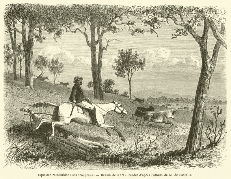Squatter Gathering His Herds (gravering) av French School