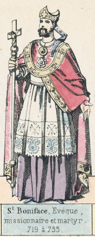 St Bonifatius, biskop, misjonær og martyr, 719 til 735 (farget gravering) av French School