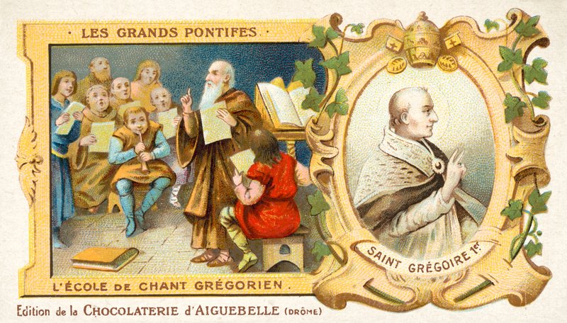 St Gregory the Great, og en skole med gregoriansk sang (chromolitho) av French School