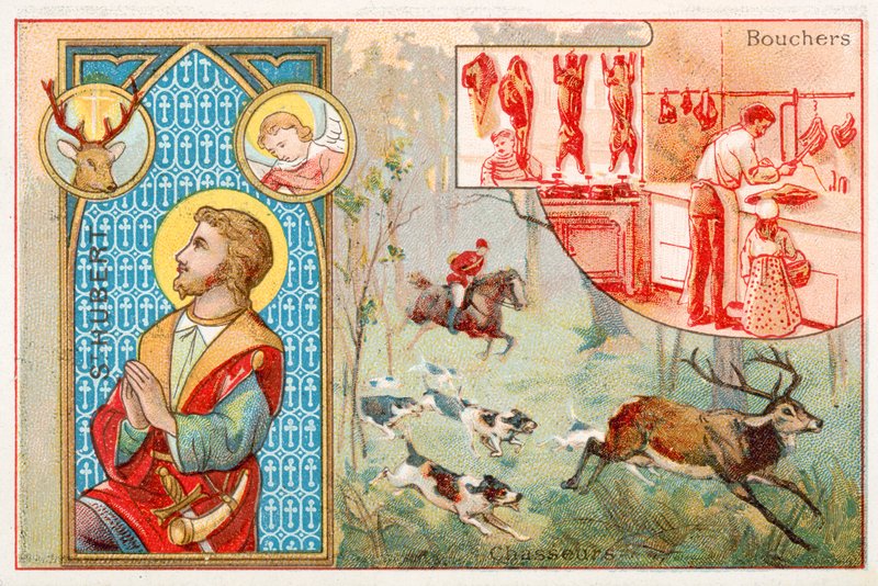 St Hubert, skytshelgen for jegere (chromolitho) av French School