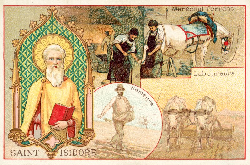 St Isidore, skytshelgen for bønder og dagarbeidere (chromolitho) av French School