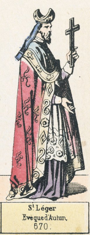St Leger, biskop av Autun, 670 (farget gravering) av French School