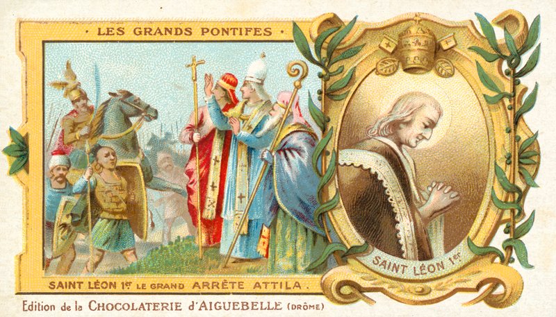 St. Leo den store stopper Hunner Attilas erobring av Italia, 452 (chromolitho) av French School