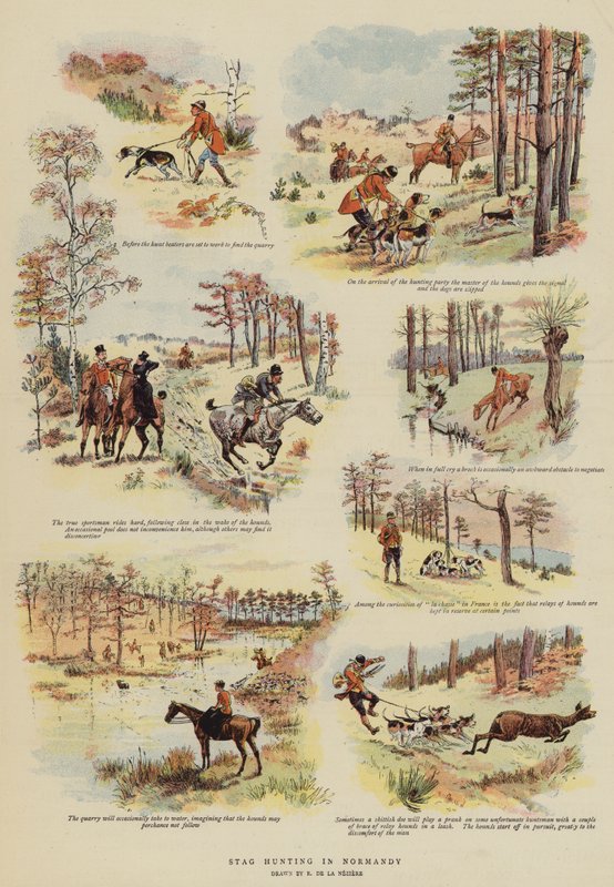Hjortejakt i Normandie (farge litho) av French School