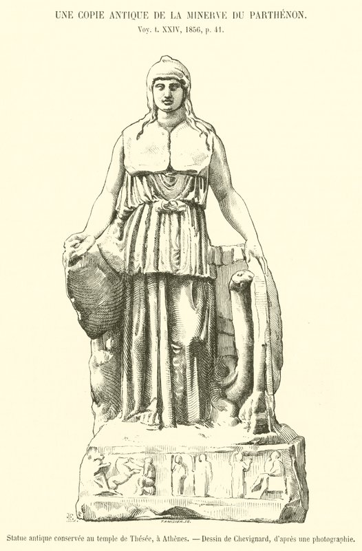 Statue av antikk konserver au temple de Thesee, en Athenes (gravering) av French School