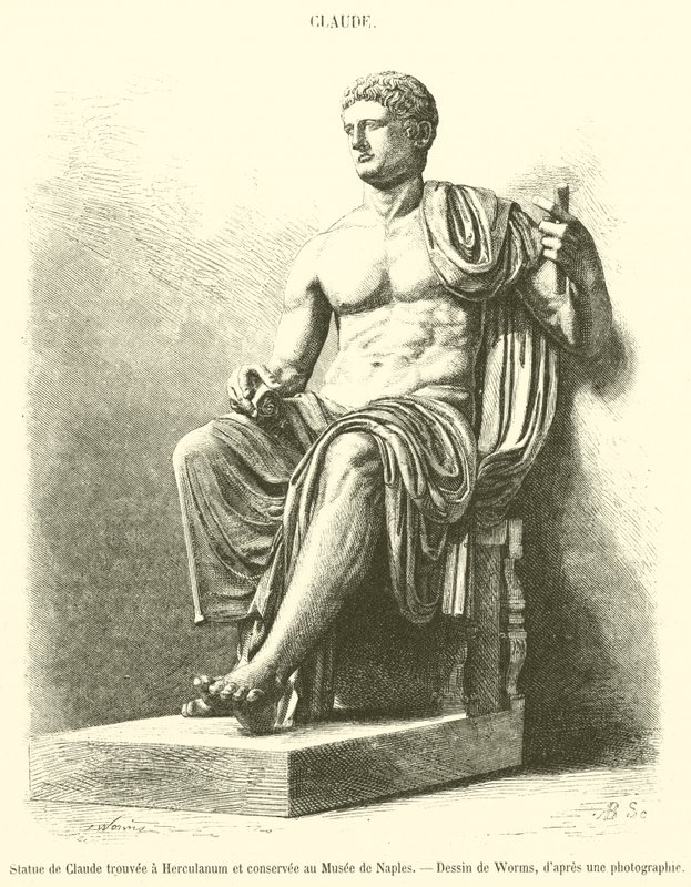 Statue av Claudius funnet i Herculaneum og bevart i Napoli-museet (gravering) av French School