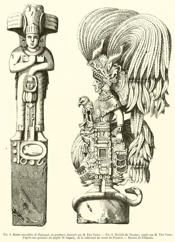Monolitstatue av Palenque, i porfyr; Divinity of Yucatan (gravering) av French School