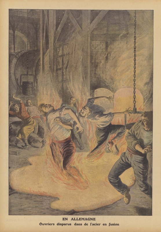 Stålarbeidere drept av smeltet stål i Tyskland (farge litho) av French School