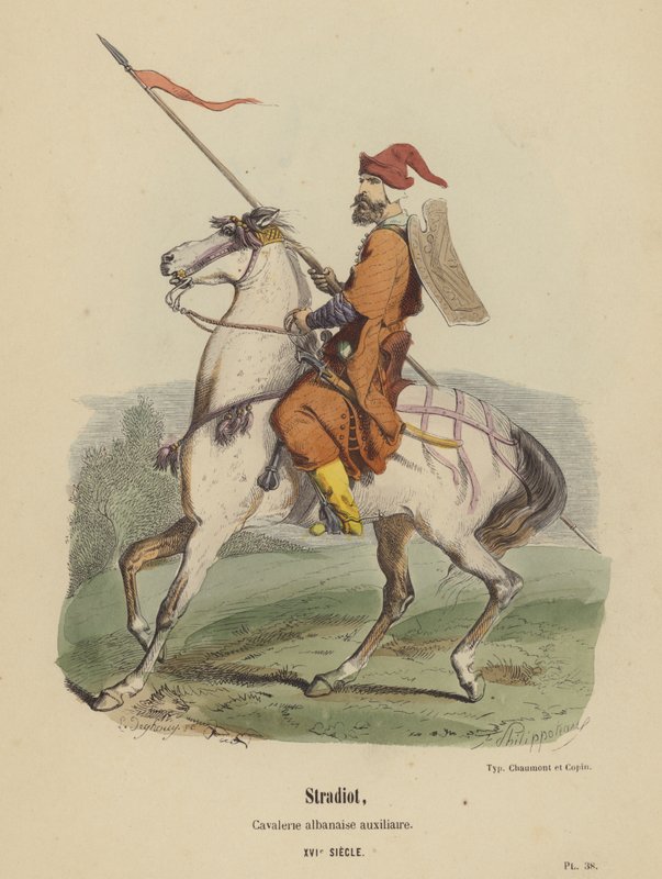 Stradiot, albansk hjelpekavaleri, XVI. århundre (farget gravering) av French School