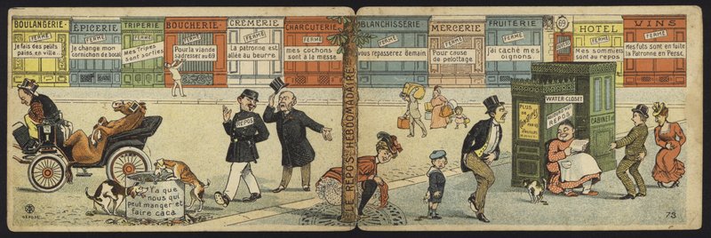 Gatebilde med en rekke stengte butikker og et lukket offentlig toalett av French School