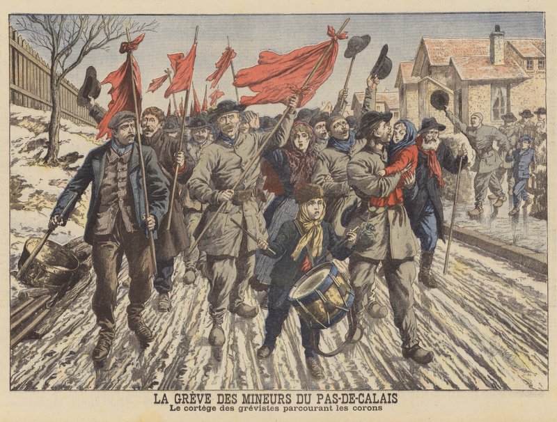 Streik av gruvearbeiderne i Pas-de-Calais, Frankrike (farge litho) av French School