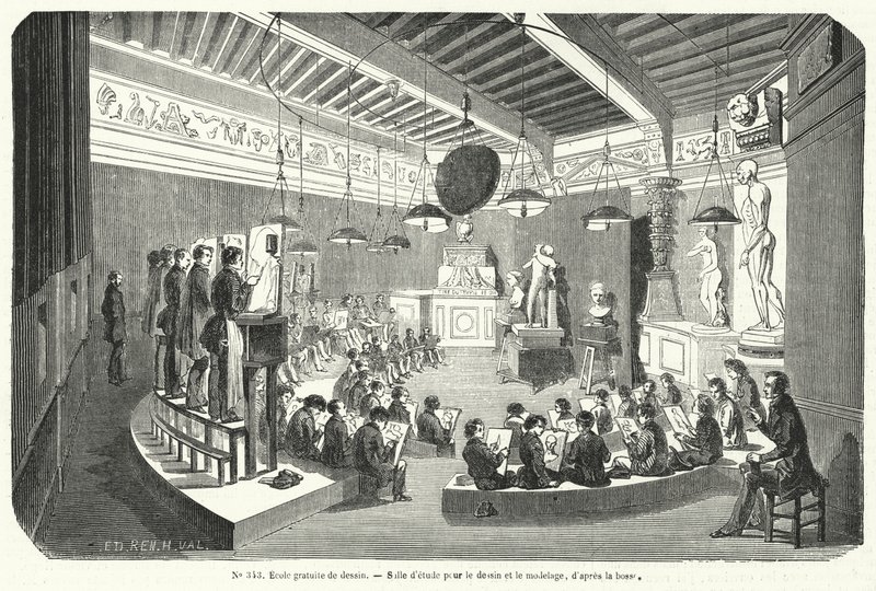 Elever i en klasse på en gratis tegneskole, Frankrike (gravering) av French School