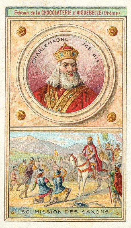 Underkastelse av sakserne til Charlemagne, 785 (chromolitho) av French School