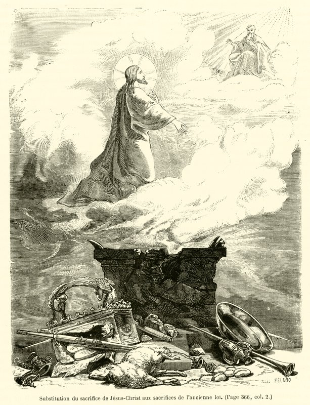 Bytte av Jesu Kristi offer med ofrene til den gamle loven (gravering) av French School