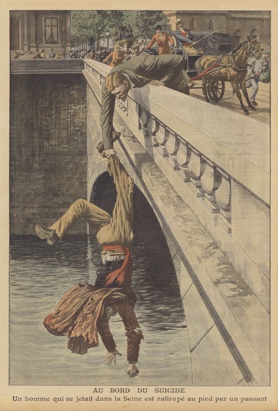 Selvmordsforsøk i Paris (farge litho) av French School
