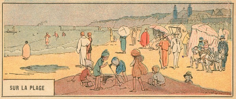 På stranden (fargelitografi) av French School