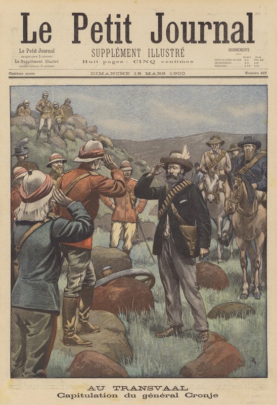 Overgivelse av general Cronje til britene etter slaget ved Paardeberg (farge litho) av French School