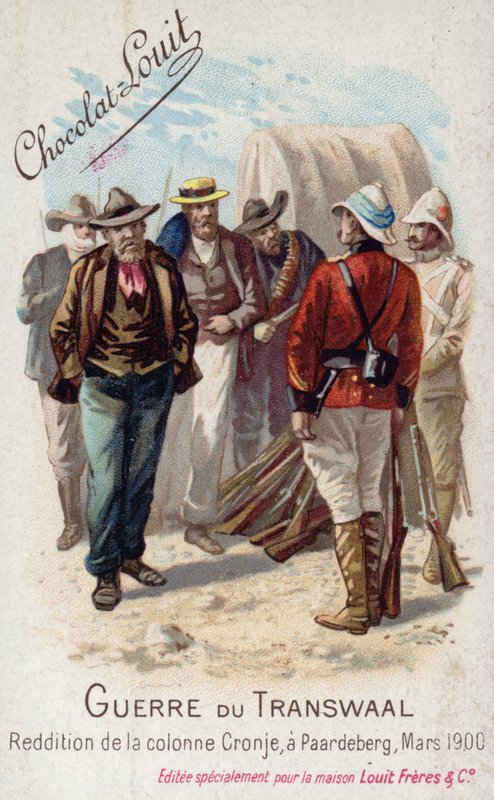 Overgivelse av Piet Cronjes kolonne til britene, Paardeberg, mars 1900 (chromolitho) av French School