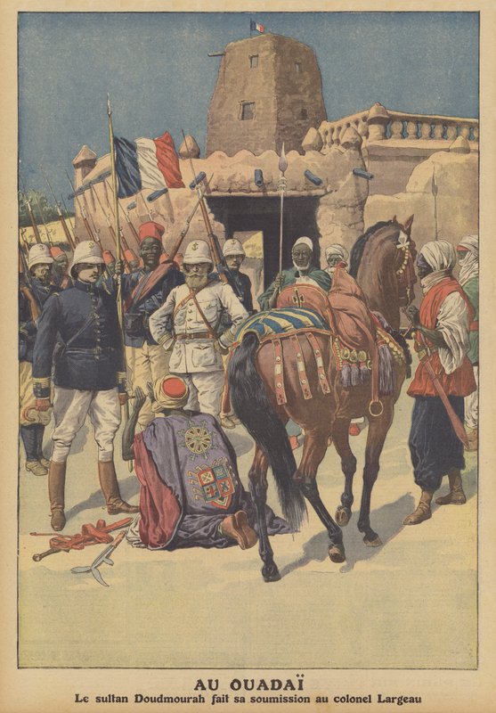 Overgivelse av Wadai-sultanen Doudmourrah til franske tropper kommandert av oberst Largeau (farge litho) av French School