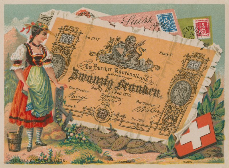 Sveitsisk jente i tradisjonell drakt og 20 Franc-seddel av French School