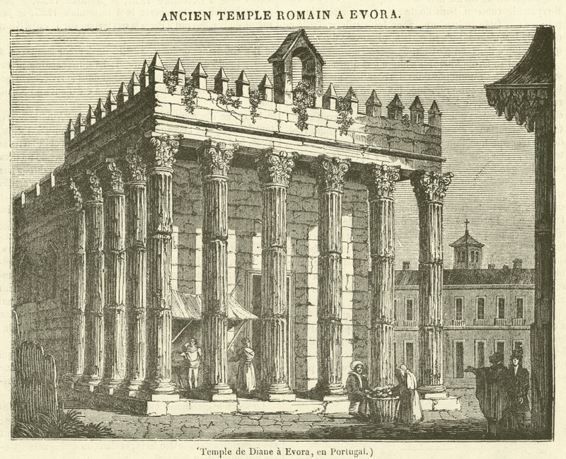 Diane-tempelet i Evora, i Portugal (gravering) av French School