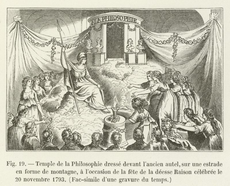 Filosofiens tempel står foran det gamle alteret, på en plattform i form av et fjell, i anledning festen for fornuftens gudinne feiret 20. november 1793, faksimile av en gravering fra tiden (f.eks. av French School