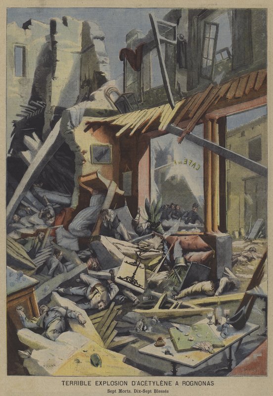Forferdelig acetylengasseksplosjon i en kafé i Rognonas, Frankrike (farge litho) av French School