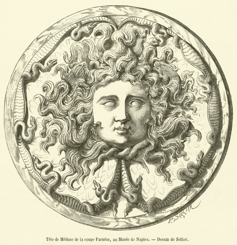 Leder av Medusa fra Farnese-koppen, ved Napoli-museet (gravering) av French School