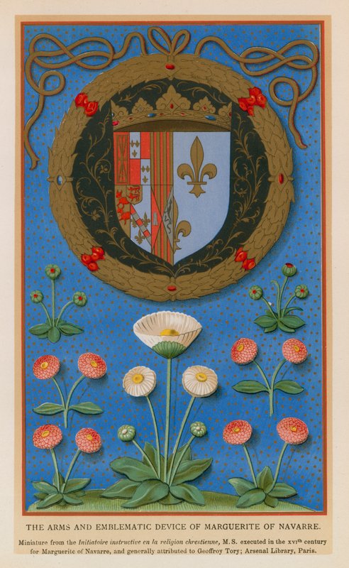 Våpene og emblematiske enhetene til Marguerite av Navarre (chromolitho) av French School
