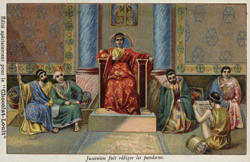 Den bysantinske keiseren Justinian I dikterer Pandects, 6. århundre av French School