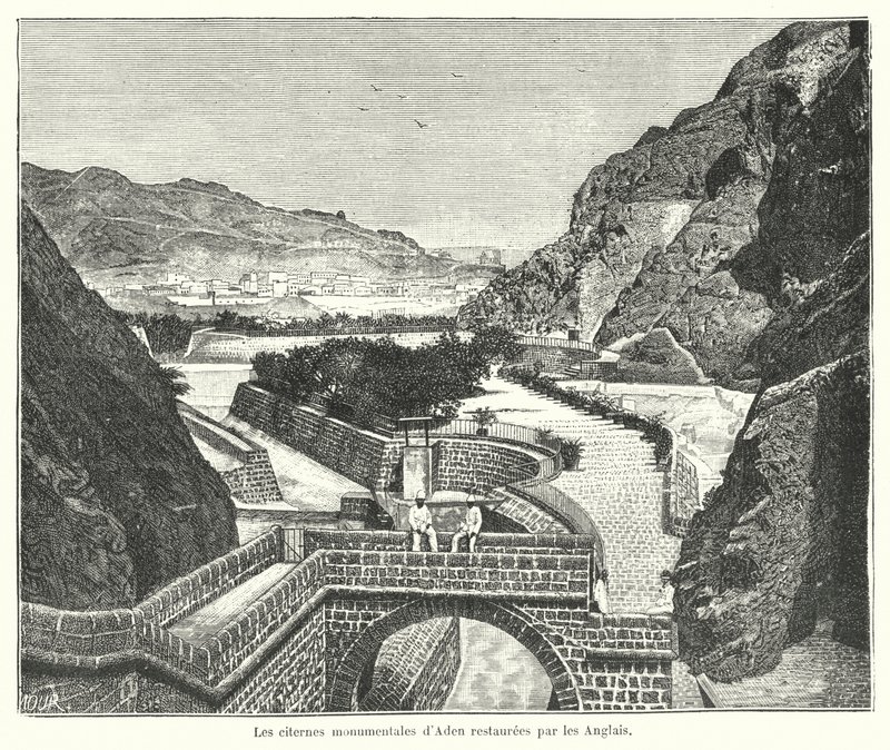 The Cisterns of Tawila, Aden, restaurert av britene (gravering) av French School